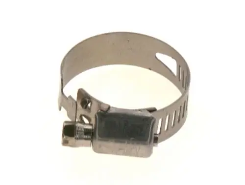 BOSCH Schlauchschelle aus Metall mit einem festen Band und einer Befestigungsschraube zur Sicherung von Schläuchen oder Rohren.